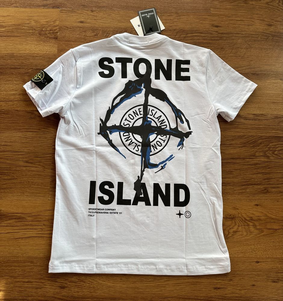 Мъжка,памучна,бяла тениска Stone Island с голяма щампа на гър