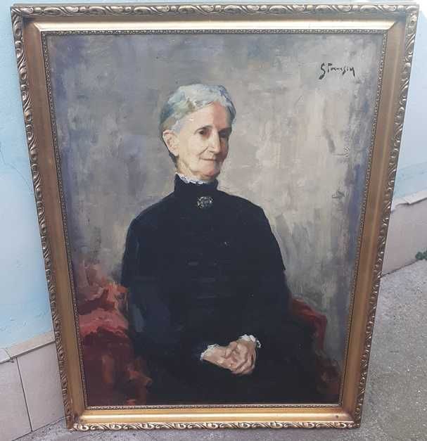 Tablou mare vechi - portret nobila - semnat Stoenescu