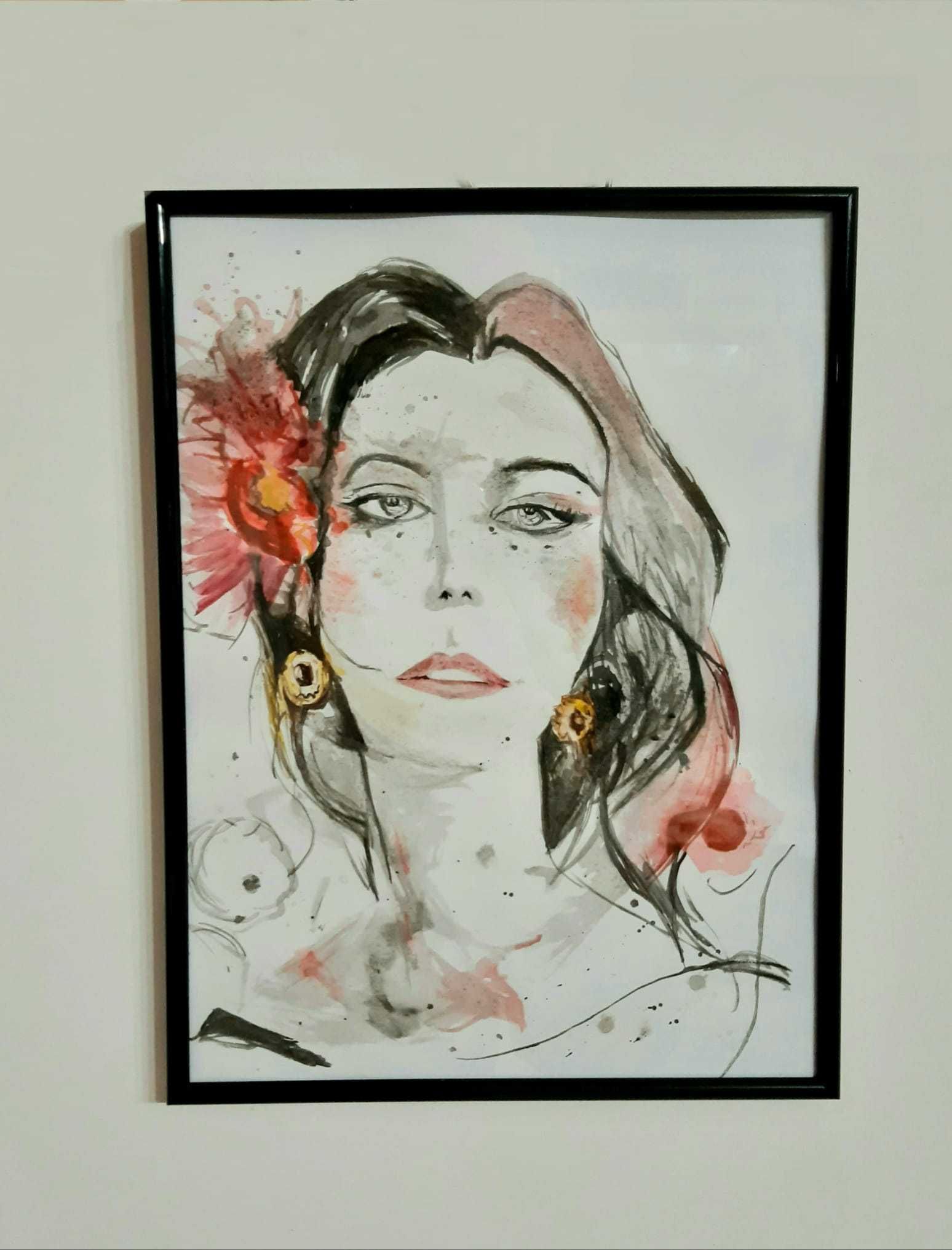 Decoratiune tablou inramat pictura acuarela portret femeie flamenco A4