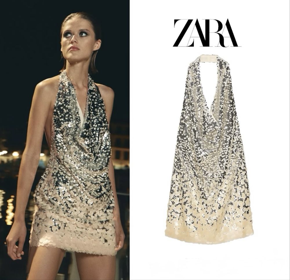 Коктейлна рокля на Zara с пайети в сребърно и бежово с гол гръб