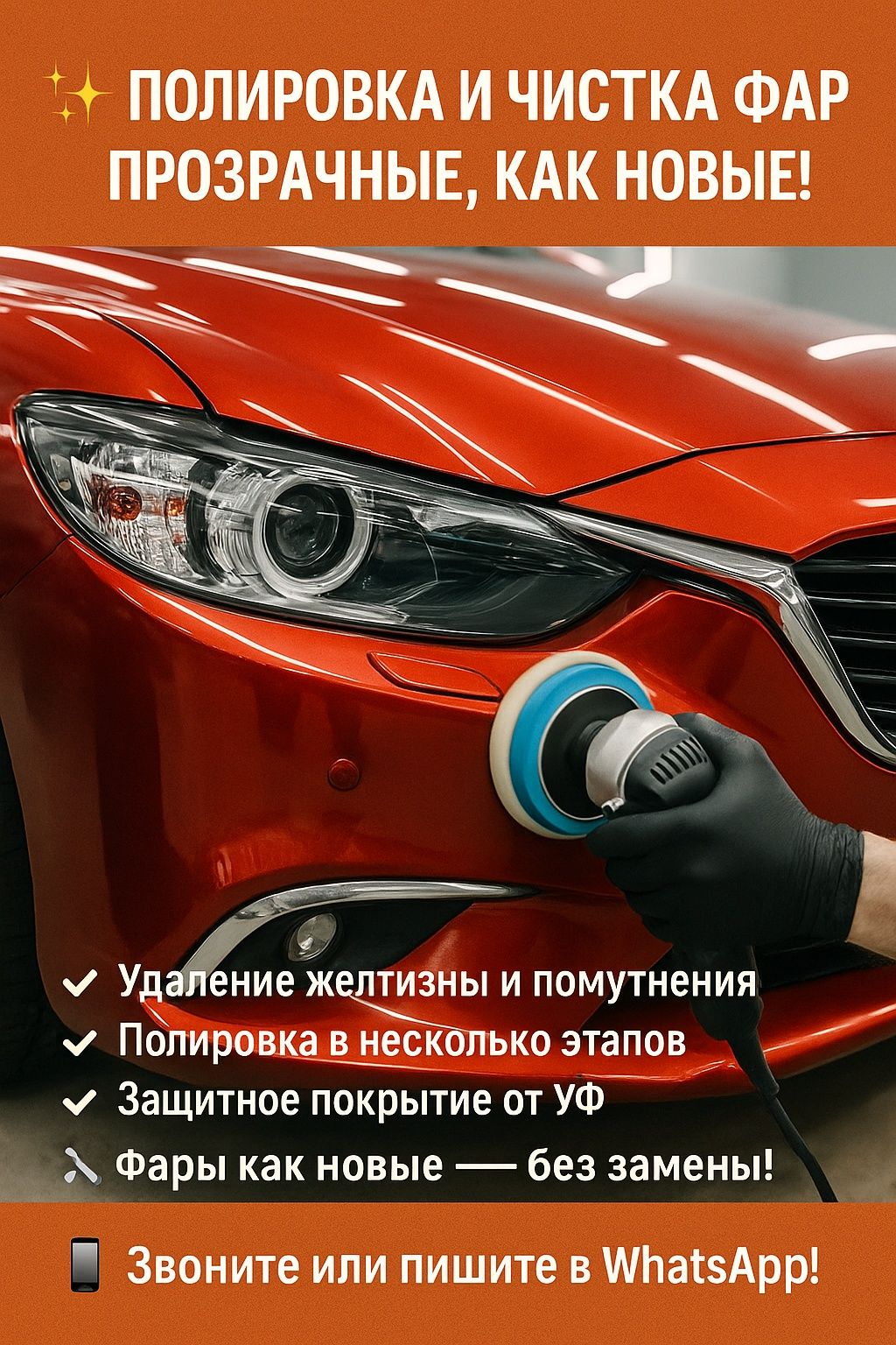 Полировка и чистка фар | Прозрачные, как новые!