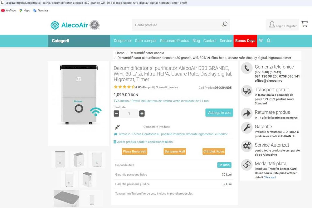 Dezumidificator si purificator AlecoAir D30, WiFi, 30 L/zi,Uscare Rufe