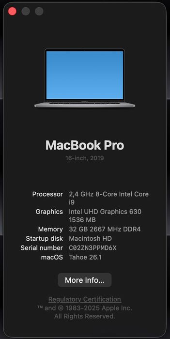 MacBook Pro 2019 16" i9 2.4ghz 32GB ram Radeon Pro 5500M 8gb 2Tb SSD