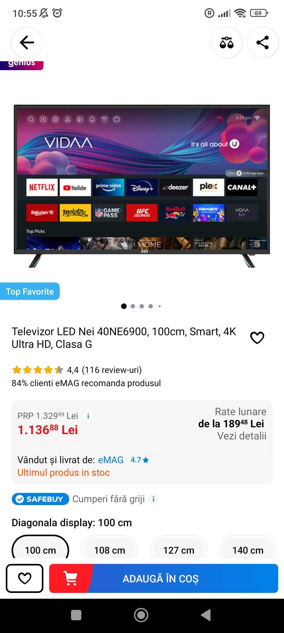 Televizor LED Nei 40NE6900, 100cm, Smart, 4K Ultra HD, Clasa G