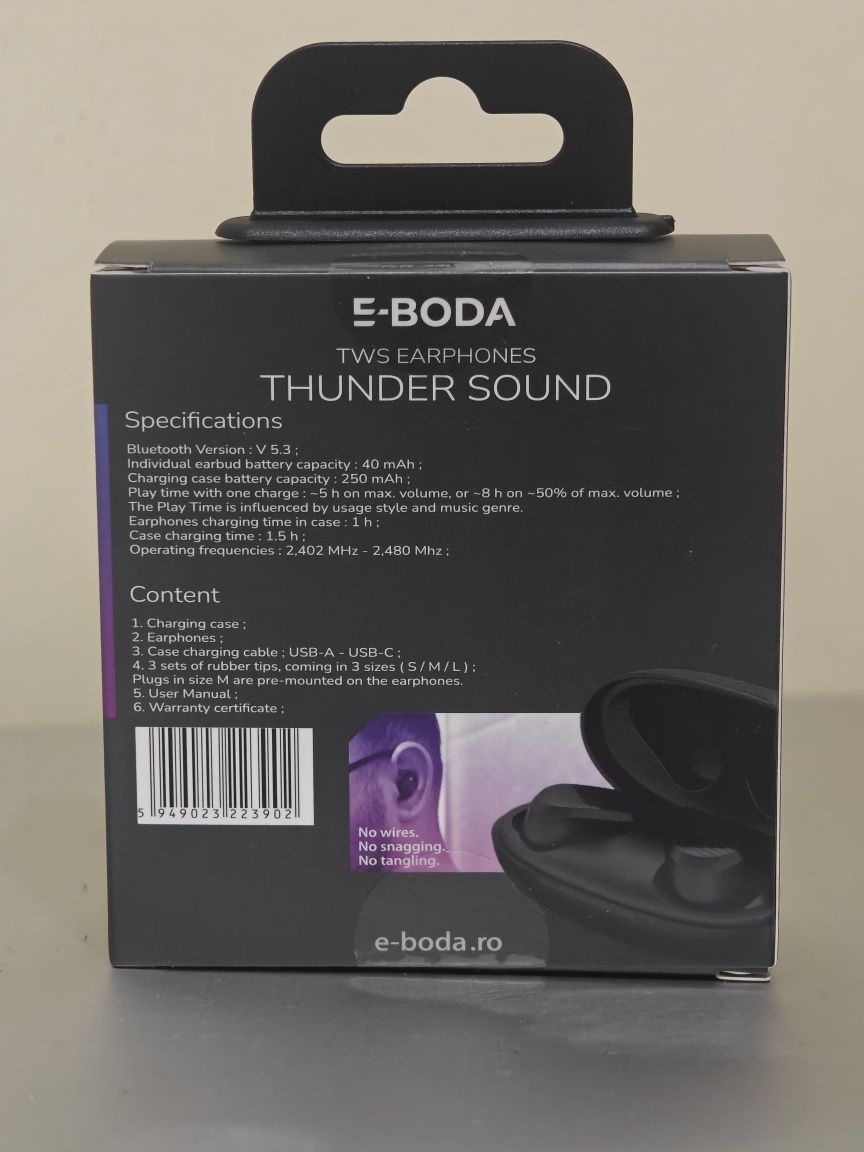 Casti TWS E-Boda Thunder Sound, True Wireless, Bluetooth, Negru