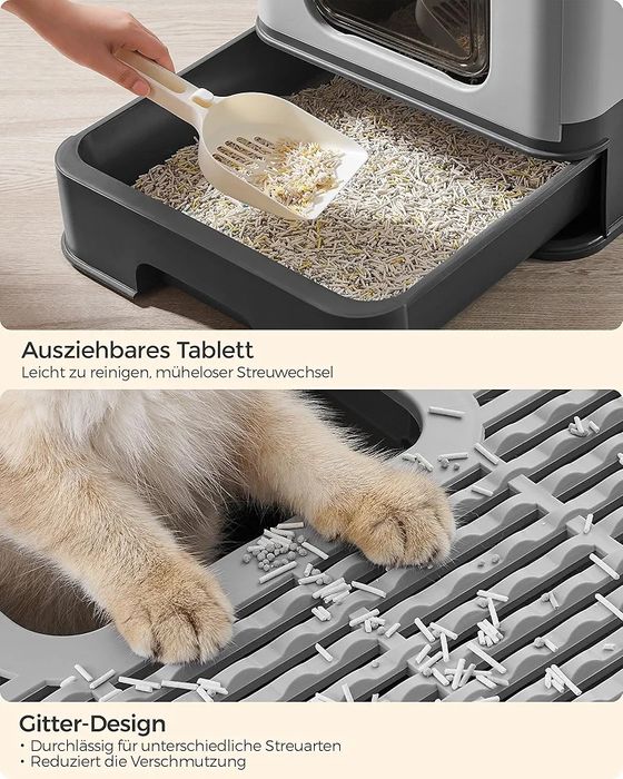 Literă pentu pisici cu capac, tava extensibilă, lopățică și perie, Gri
