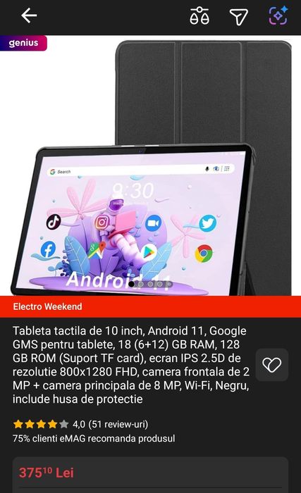 Tableta tactila de 10 inch, Android 11, Culoare alb argintiu sau negr