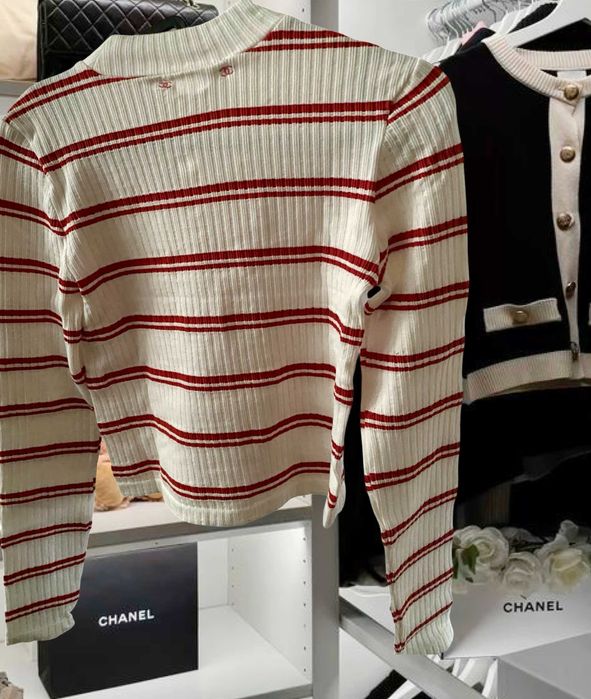 SALE шанел беж блуза с червено рипс дълъг ръкав chanel суичър топ