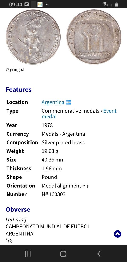Fifa wold cup argentina 1978 moneda medalie