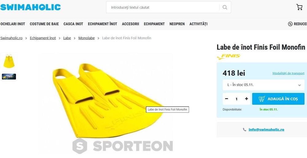 Labe înot - FINIS FOIL MONOFIN, mărimea S = 38 - 40