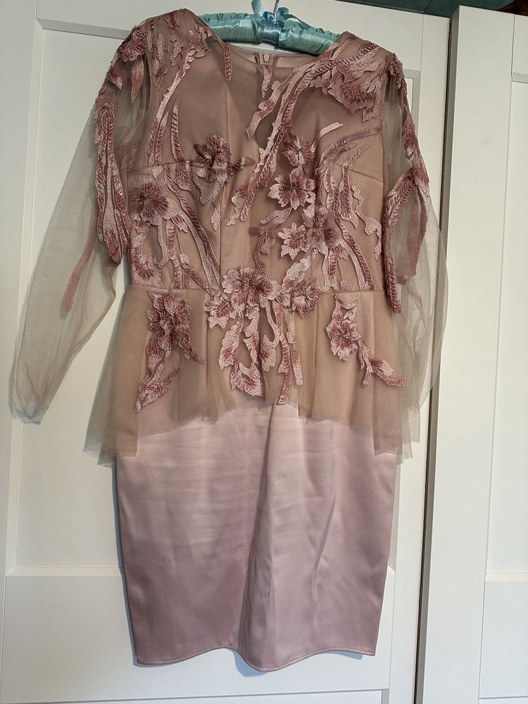 Rochie roz somon, evenimente, tull, dantelă