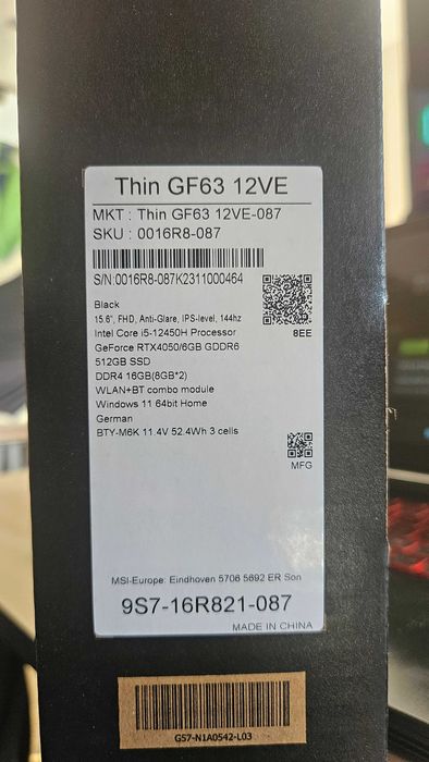 MSI Thin 15 GF63 12VE i5-12th/RTX 4050/16gb/512gb