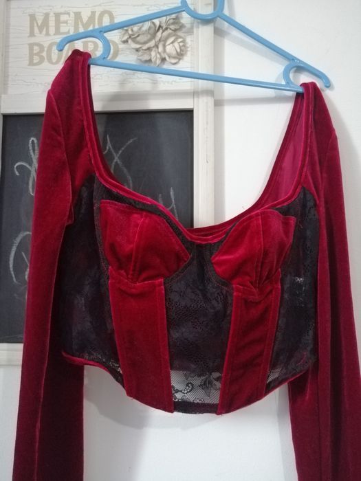 Bluza sexy tip corset din catifea visinie cu dantela neagra Shein 36