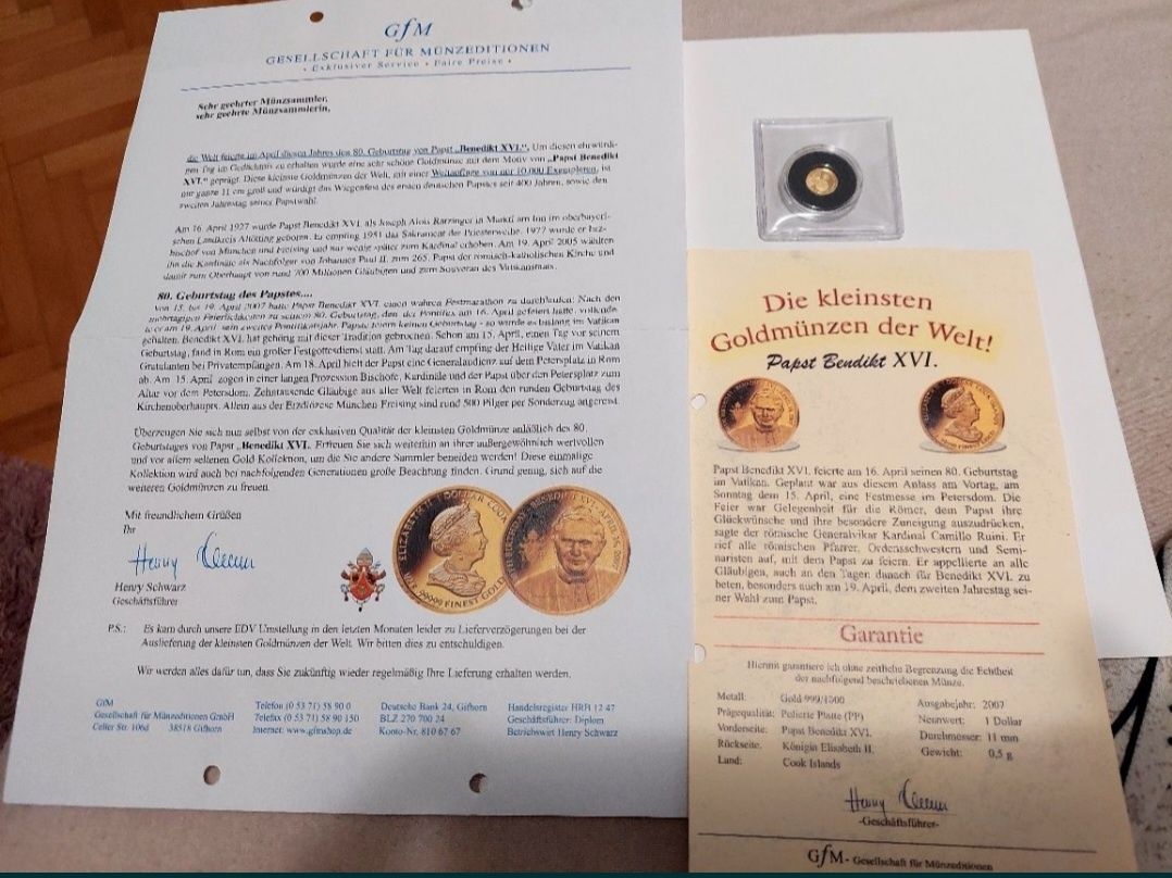 Moneda colectie Aur 24k 1 Dollar gold 2007 Papa Benedict & Elisabeta
