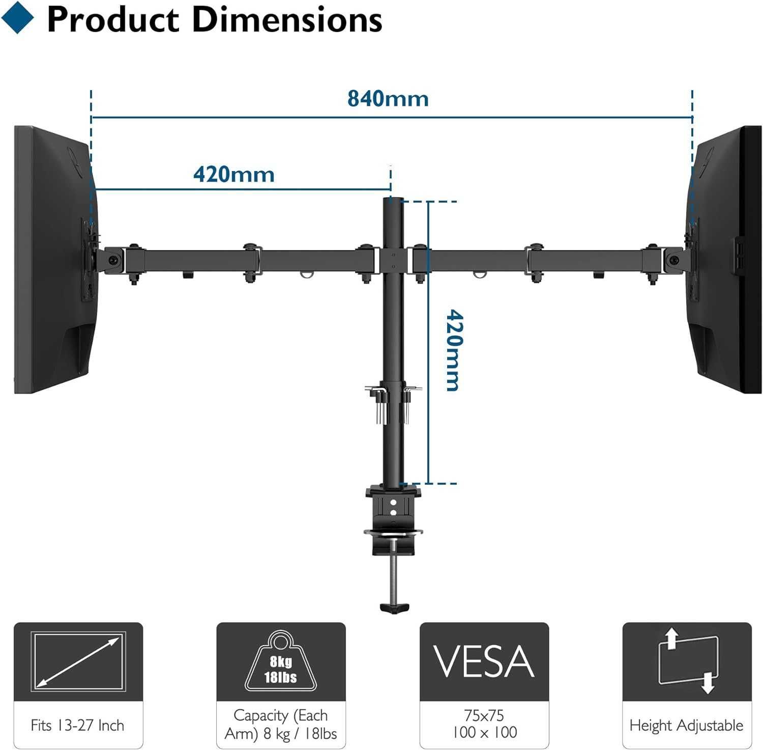 Suport dublu monitor 13-27 inchi max 8kg VESA 75x75-100x100mm