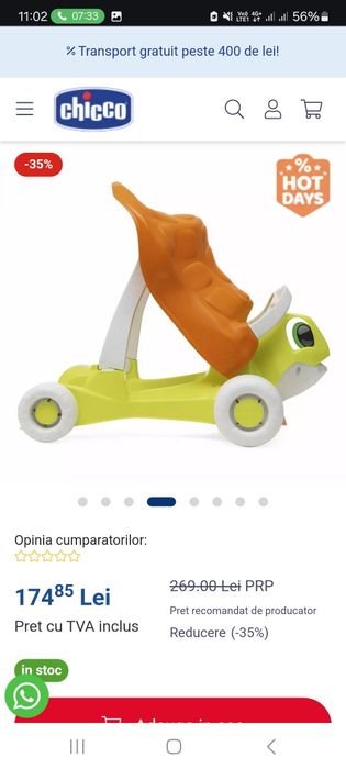 Jucarie antemergator ecologic Chicco, Broasca testoasa Walk and Ride,