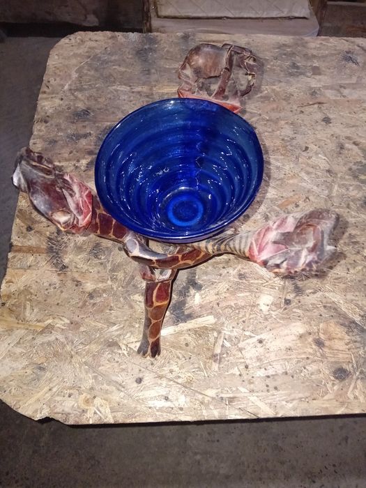 Suport african din lemn și bol sticla murano