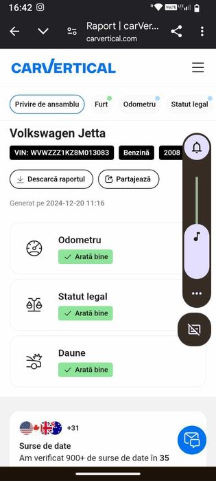 Vw jetta an 2008 motor 1.6 benzină  MPI  102 CP  91779km reali