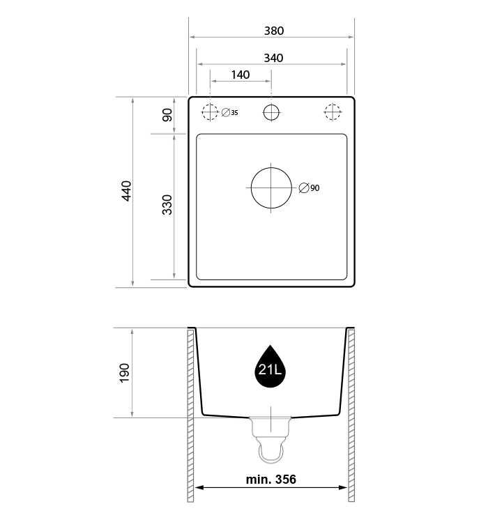 Черна Кухненска Мивка от гранит модел Рига Easy 380 x 440 mm