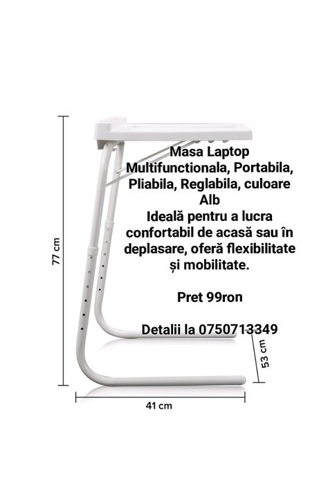 Masa Laptop Multifunctionala, Portabila, Pliabila, Reglabila, alba