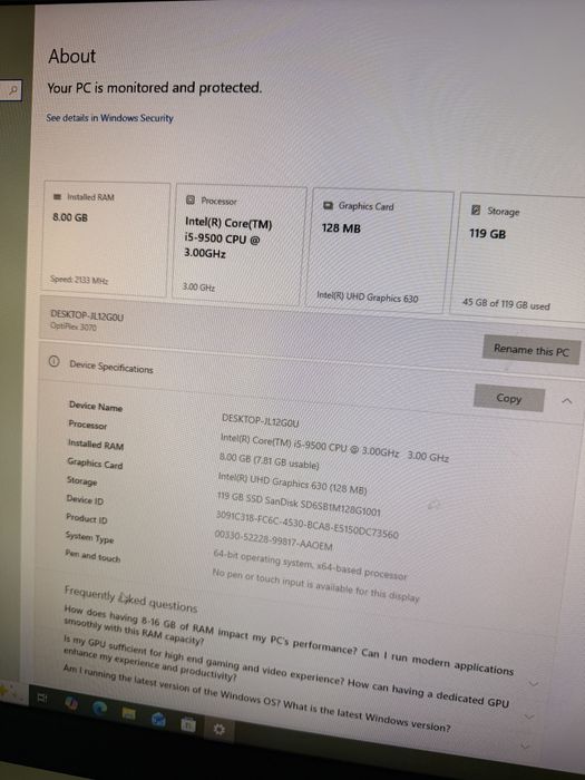 Pc i5 gen 9 + monitor 27”