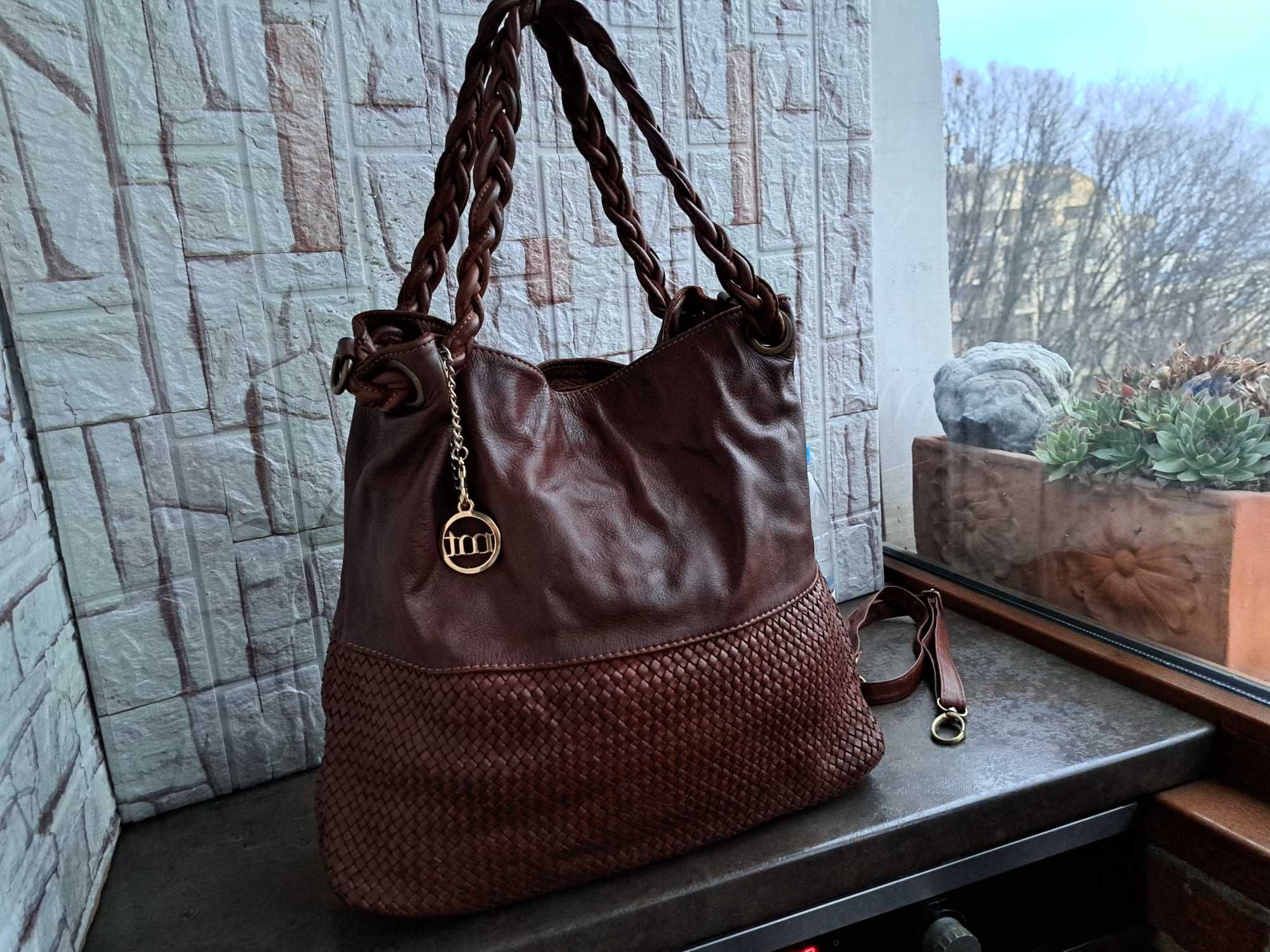 червена  чанта,торба ,раница-естествена кожа
