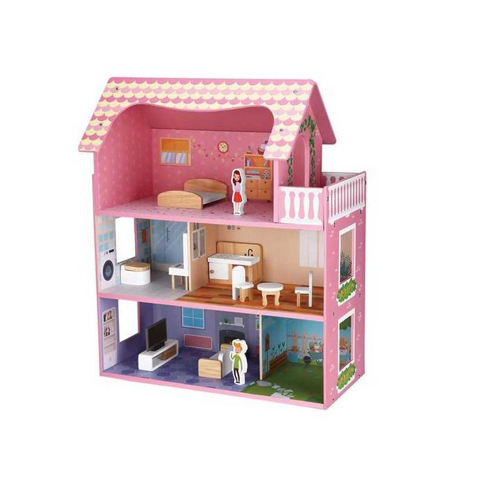 Дървена къща за кукли Mercado Trade, С мебели, 2 фигури, Дърво
