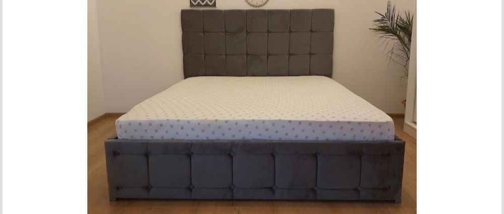 Pat Tapitat 160 cm x 200 cm, Gri din stofa, fara saltea