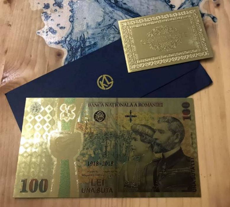 100 lei 2018 SUVENIR - bancnota polimer (plastic) placata cu aur 24k