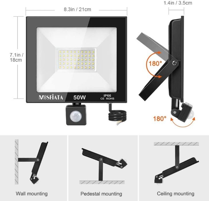 Нова LED Светлина 50W със сензор за движение за градина, гараж, алея