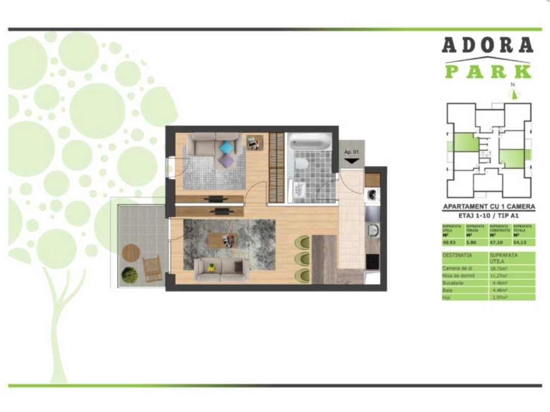 Apartament 2 camere Adora Park 6, parcare inclusă in preț.