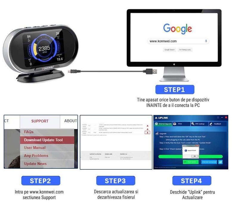 Display HUD LCD Konnwei, OBD2, Ecran 3.2, Afisare si Stergere Erori