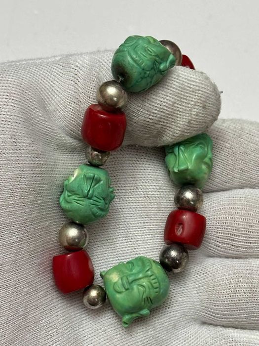 BRATARA ARGINT + CORAL + JAD - Budha sculptat - Elastica - Vintage !