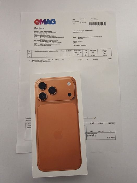 Iphone 17 Pro Max 5G Cosmic Orange 256Gb SIGILAT Factură 2ANI GARANȚIE