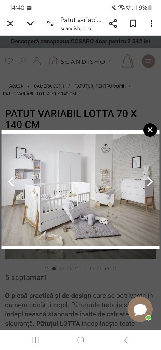 Pat copii variabil Lotta 70x140 + saltea de cocos, stare foarte buna