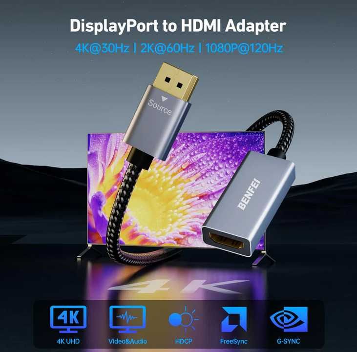 Чисто нов запечатан Адаптер  DisplayPort (DP) към HDMI Benfei 4K