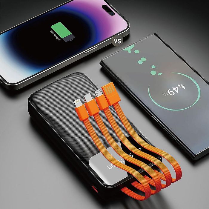 Външна батерия с вградени usb-a, usb-c, lightning и microusb кабели -