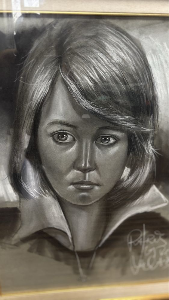 Tablou in Creion Portret Semnat-Deosebit-Dimen Mari 81x67-Detalii Bune