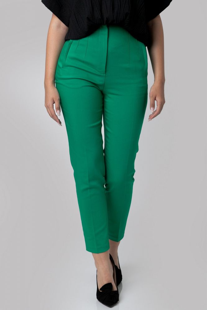 Pantaloni verde smarald cu talie inalta si cusaturi decorative