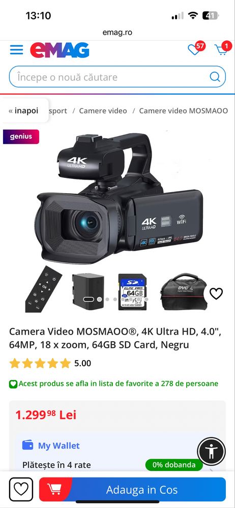 Camera video 4K Ultra HD, 4.0", 64MP, 18 x zoom, 64GB SD Card