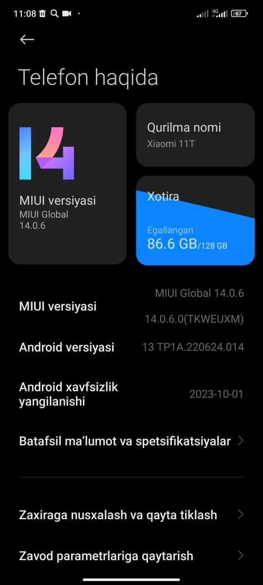 Xiaomi 11t 8+5 rama 128gb xotira