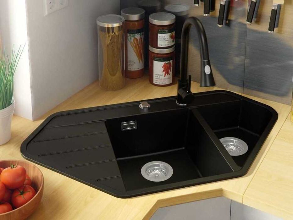 Черна ъглова кухненска гранитна мивка Копенхаген 900 Corner 900x500 мм