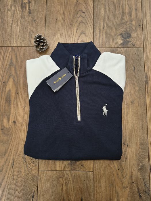 Pulover clasic, RL, half zipper, culoare navyblue&alb