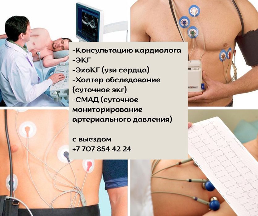 Консультация кардиолога, экг, УЗИ сердца, холтер, смад с выездом
