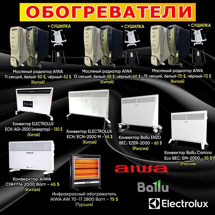 Обогреватели конвекторы инфракрасные масляные Ballu Electrolux Aiwa