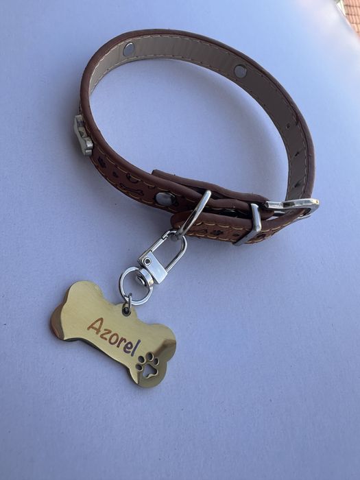 Zgarda piele pentru caine, cadou tag personaliAt