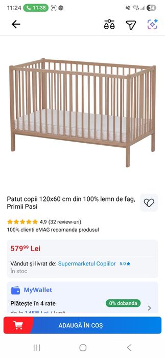 Vând Patut copii 120x60 cm din 100% lemn de fag, Primii Pasi + Saltea