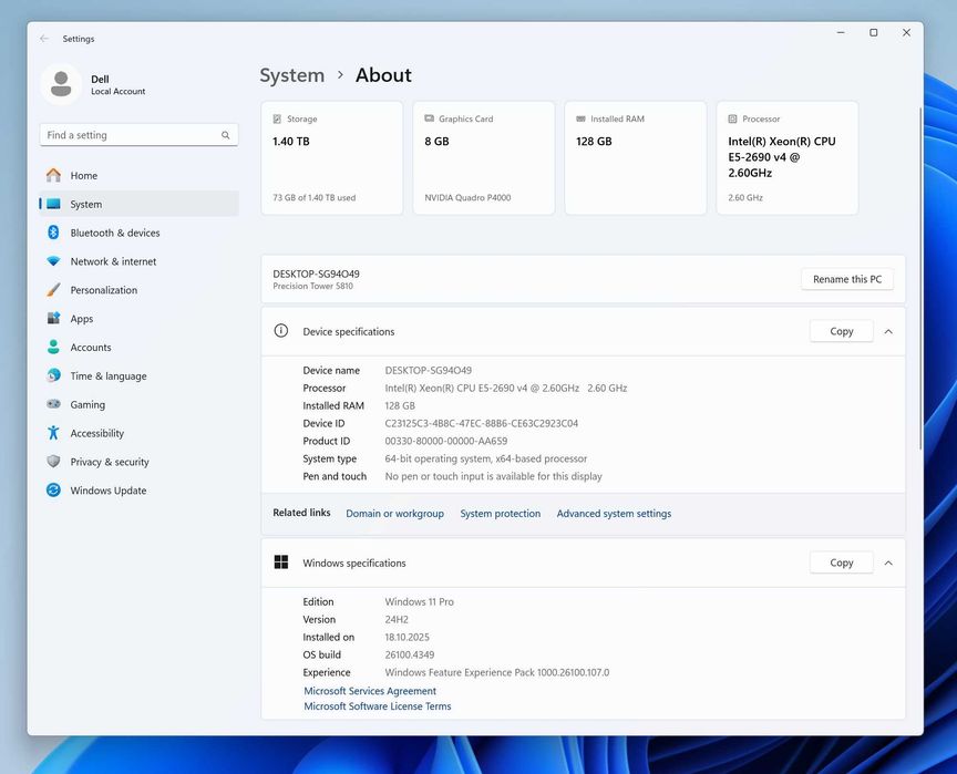 Workstation Dell T5810 | Xeon 14-Core | 128GB RAM | Quadro P4000 8GB