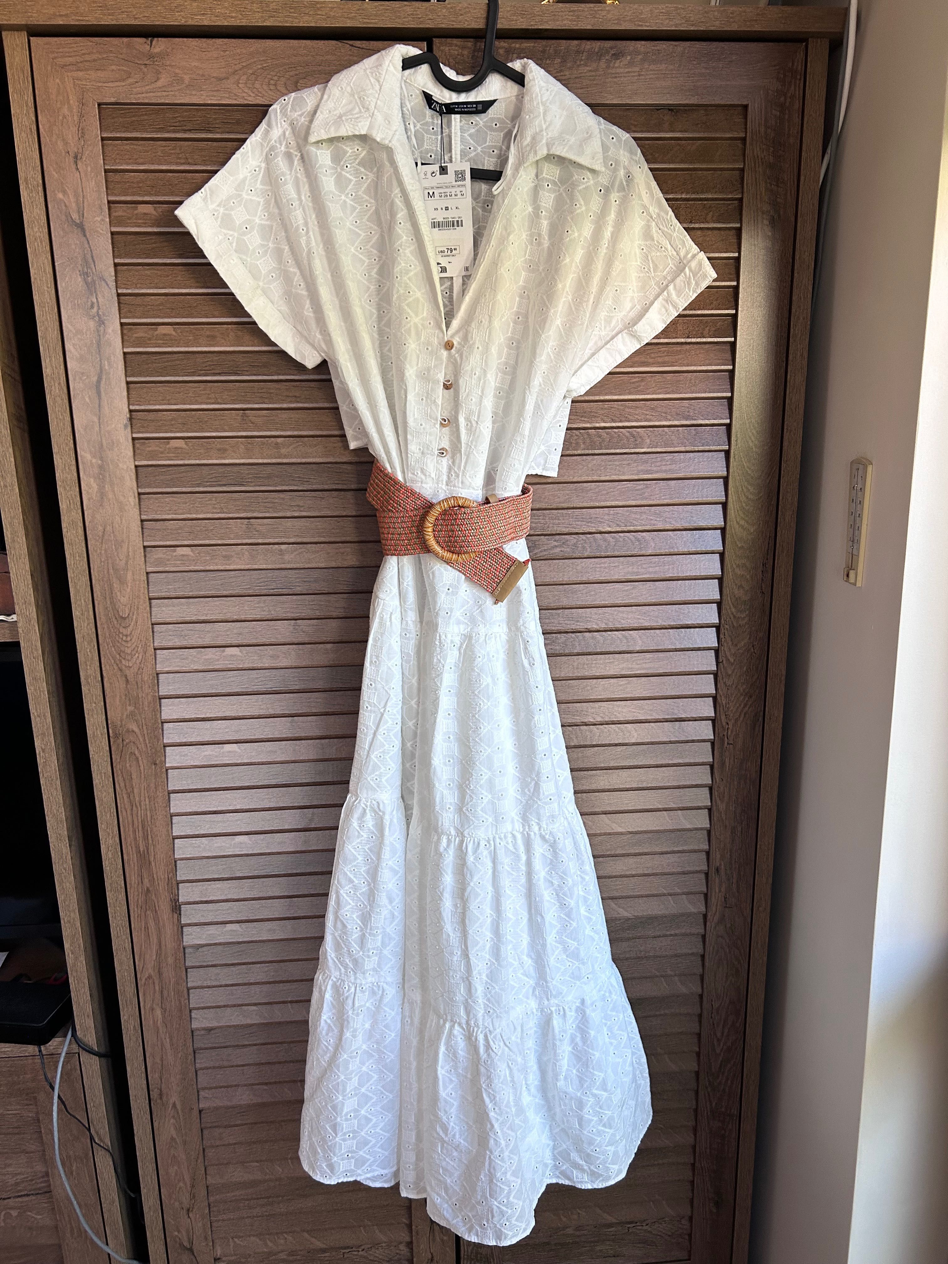 Нова с етикет дълга бяла рокля с бродерия Зара Zara