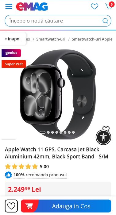 Apple Watch 11 GPS, Carcasa Jet Black Aluminium 42mm, Black Sport Band